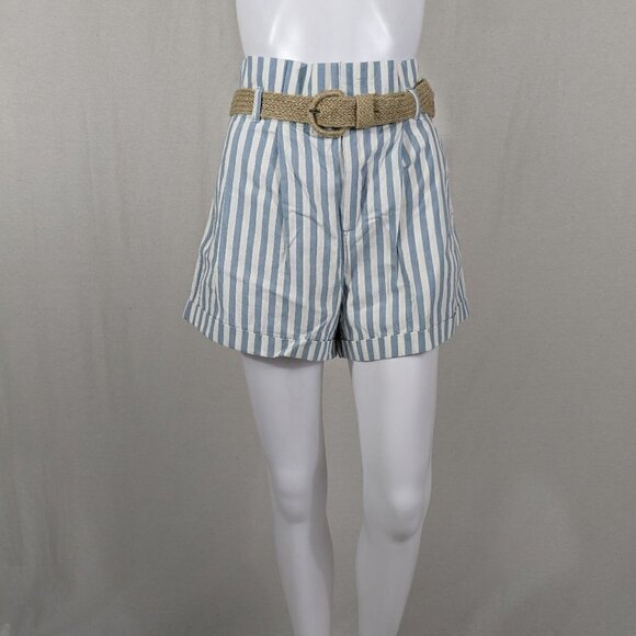 mine Pants - Mine Paper Bag Blue Nautical Striped Shorts Belted Beach Casual Summer Womens M